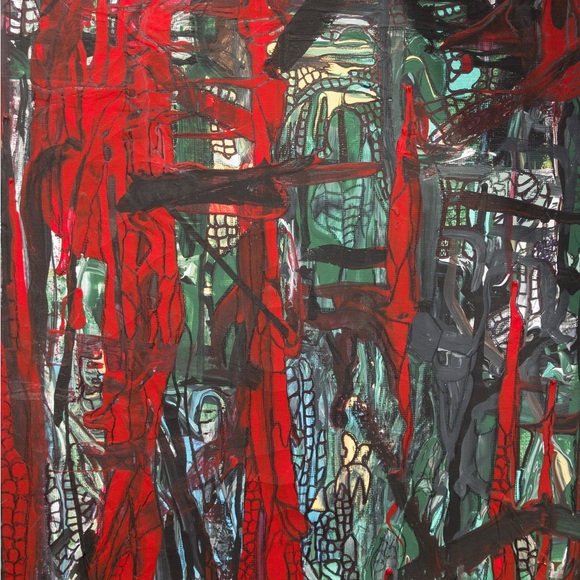 Dark Places, red, black, medium size, acrylic original, wall art design painting - Picture 3 of 12